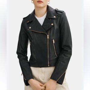 ZARA Black Moto Faux Leather Jacket with Gold Hardware